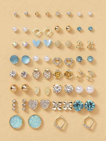 1套=30對女士精緻金屬海螺、假珍珠和心形禮物耳環套裝