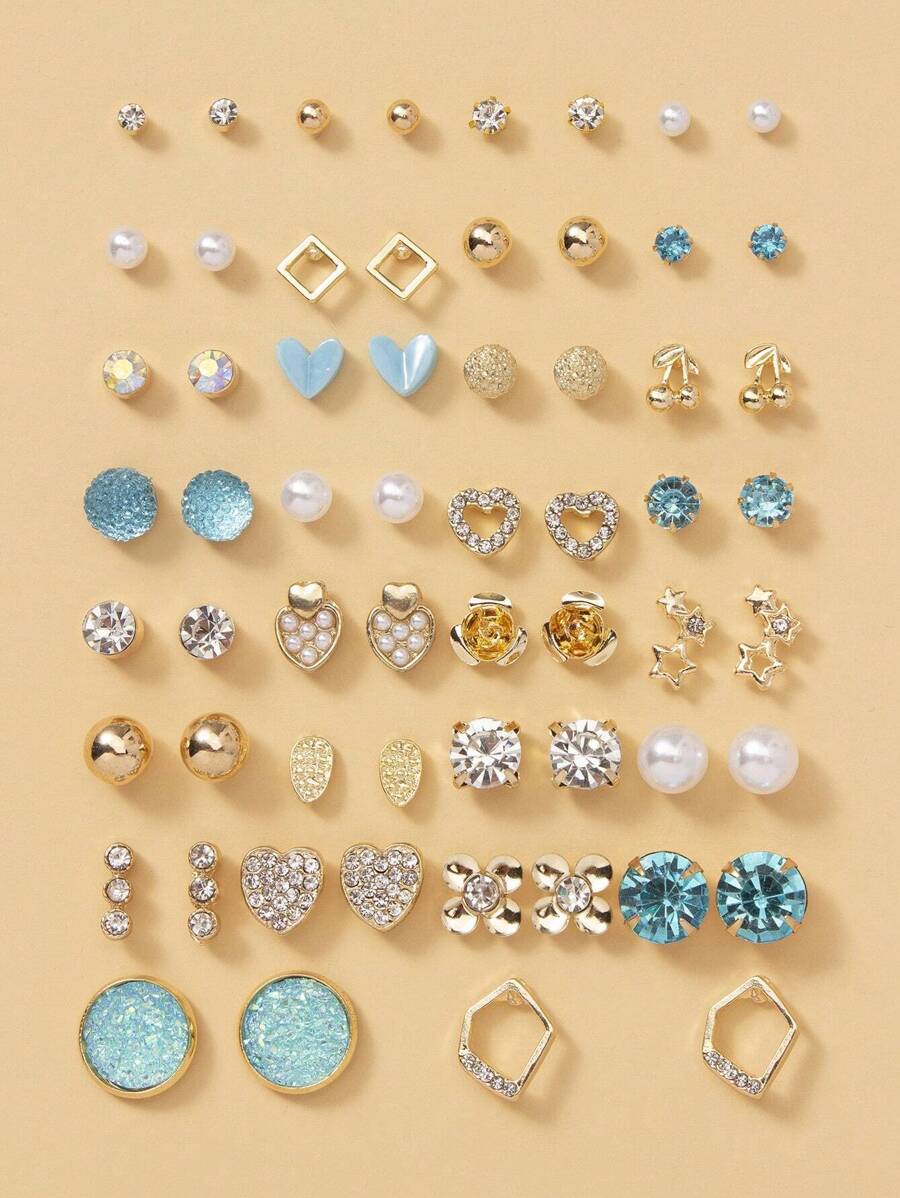 1套=30對女士精緻金屬海螺、假珍珠和心形禮物耳環套裝 - 彩色 - 查看 1