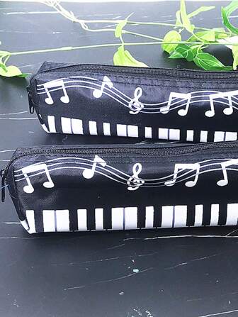 1 Pc Canvas Pouch Square Single Layer Music Notes Piano Keyboard Pencil Case Large Capacity Zipper Closure  Convenient And To Use Lightweight Convenient To Carry And Use Office Supplies School Stationery Bag For School School Accessories School Stuff