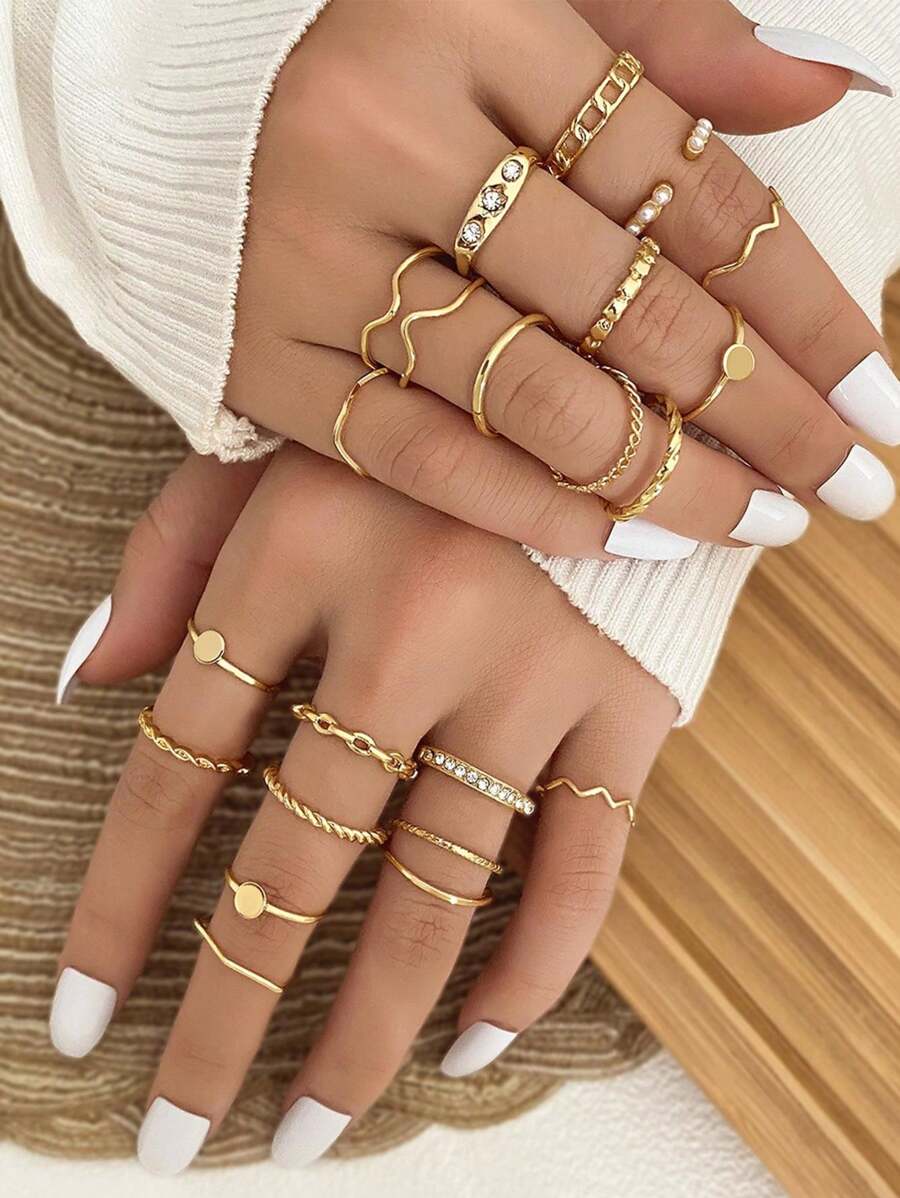 20pcs Geometric Wavy Design Rings With Pearl And Rhinestone Detail, Suitable For Women For Daily Wear - Yellow Gold - View 1