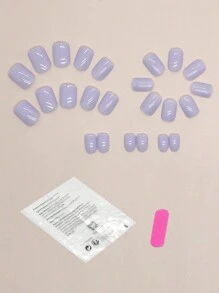 24入組短方形法式墨藍色星空亮粉美甲+1件果凍膠+1個指甲文件 - 彩色 - 查看 3