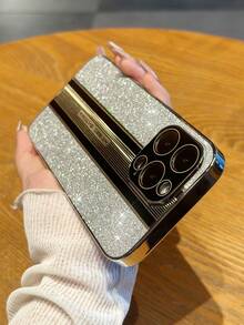 1pc Fashionable Tpu+pc Material Phone Case With Silver Plated Edge, Glitter Material Back Cover, Acrylic Material Wrapped Camera, Compatible With Iphone - Silver - View 2