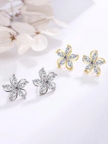 時尚的925純銀&14k鍍金挖空五瓣花幾何設計耳釘,為女性設計