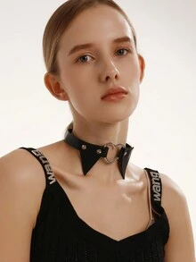 时尚男女酷朋克哥特链式皮革项圈颈链，万圣节圣诞节新年珠宝礼物，适合女性和男性 - 假領項圈 - 查看 6