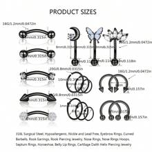 18 件 16 克時尚 Rook 穿孔首飾女式男式,眉環眉毛首飾 Rook 耳環肚唇環彎曲槓鈴眉毛穿孔軟骨 Daith Helix Tragus 不銹鋼耳環穿孔 - 黑色 - 查看 3