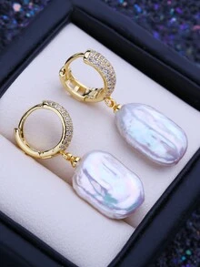 1對時尚優雅的天然淡水仿珍珠耳環,採用幾何仿珍珠,立體立方氧化鋯和仿珍珠團簇設計,適用於女士派對、婚禮、節日禮物 - 巴洛克珍珠耳環 - 查看 3