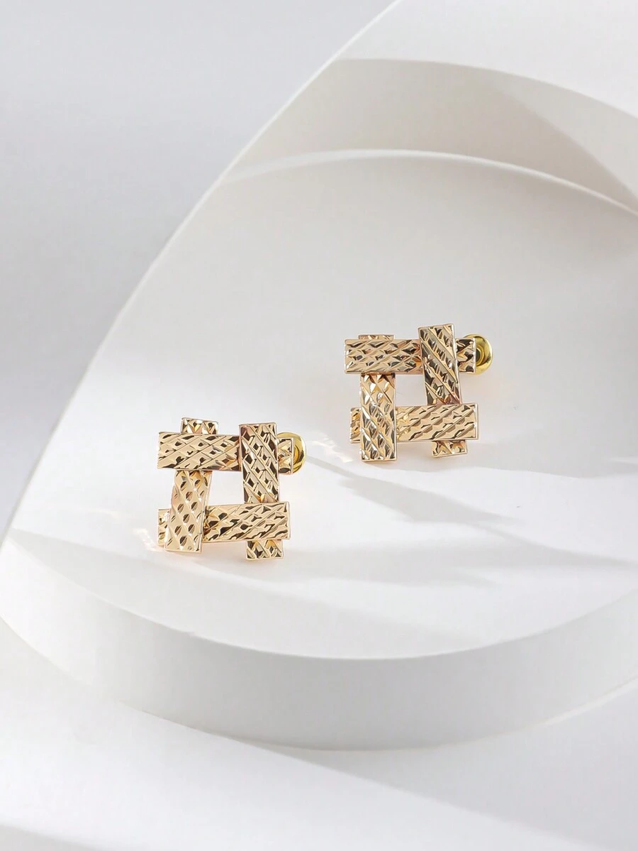 2pcs Korean Fashion Geometric Cross & Grid Pattern Versatile Ear Studs For Women - Yellow Gold - View 1