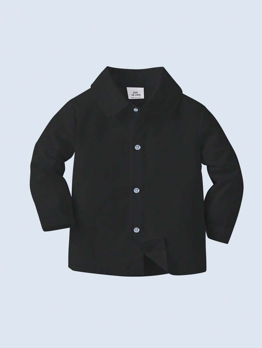 Baby Boys' Black Long Sleeve Shirt With Front Button Closure And Turn-down Collar, Classic And Comfortable, Suitable For Daily Wear, School, Activities And Festivals