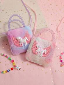 1個可愛風格的創意扎染亮片獨角獸編織毛絨單肩斜挎包,零錢包,兒童禮物 - 彩色 - 查看 2