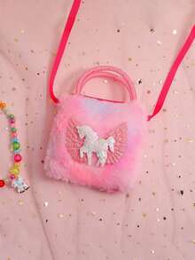 1個可愛風格的創意扎染亮片獨角獸編織毛絨單肩斜挎包,零錢包,兒童禮物 - 彩色 - 查看 6