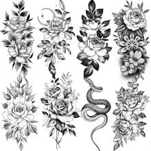 8入組黑色逼真蛇與花紋身貼紙,3d牡丹蛇貼紙,女士款暫時性紋身貼紙 - 黑色 - 查看 1