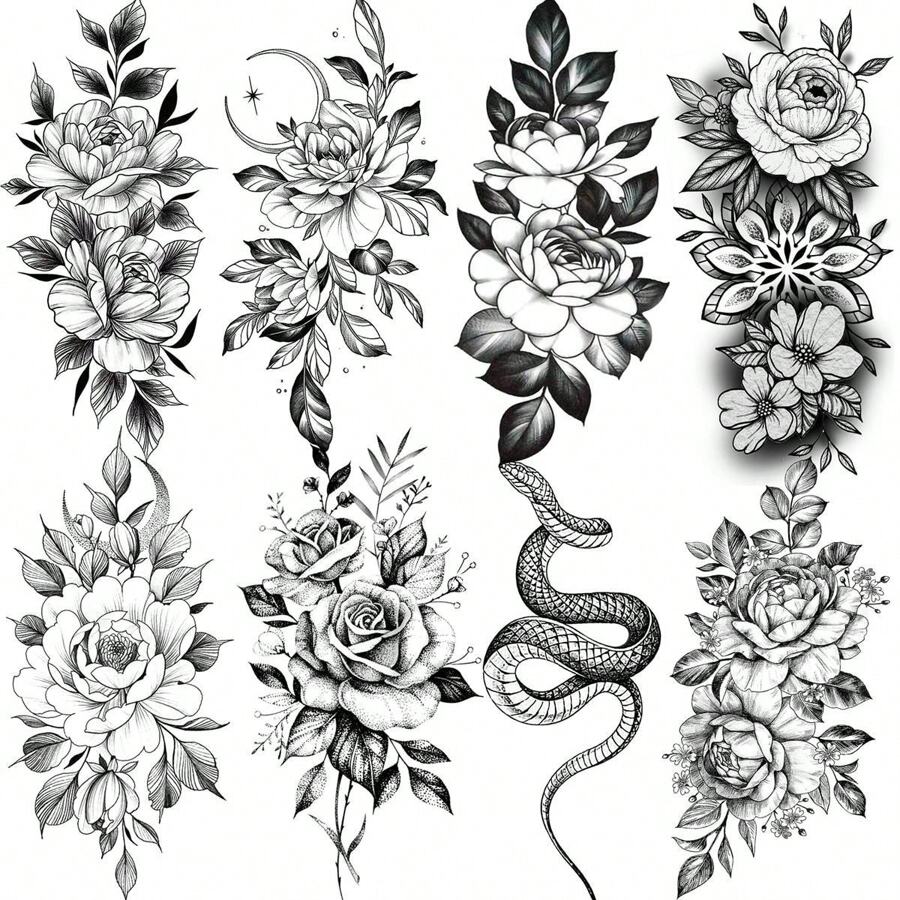 8入組黑色逼真蛇與花紋身貼紙,3d牡丹蛇貼紙,女士款暫時性紋身貼紙 - 黑色 - 查看 1