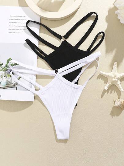 FINETOO 2条装女士纯色镂空环双腰带丁字裤