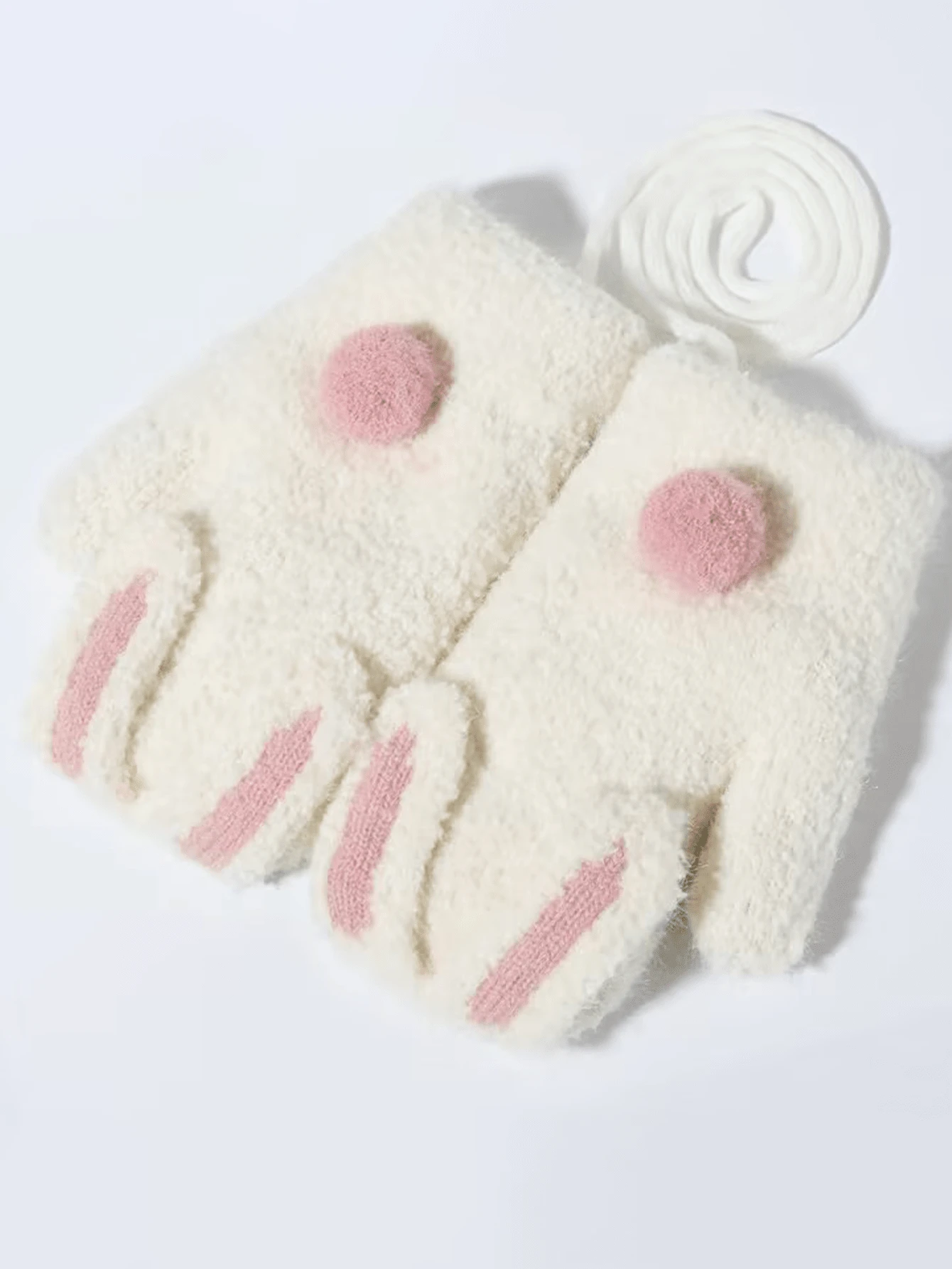 1 雙兒童可愛米色針織兩用手套帶掛繩,冬季 - 米色 - 查看 1