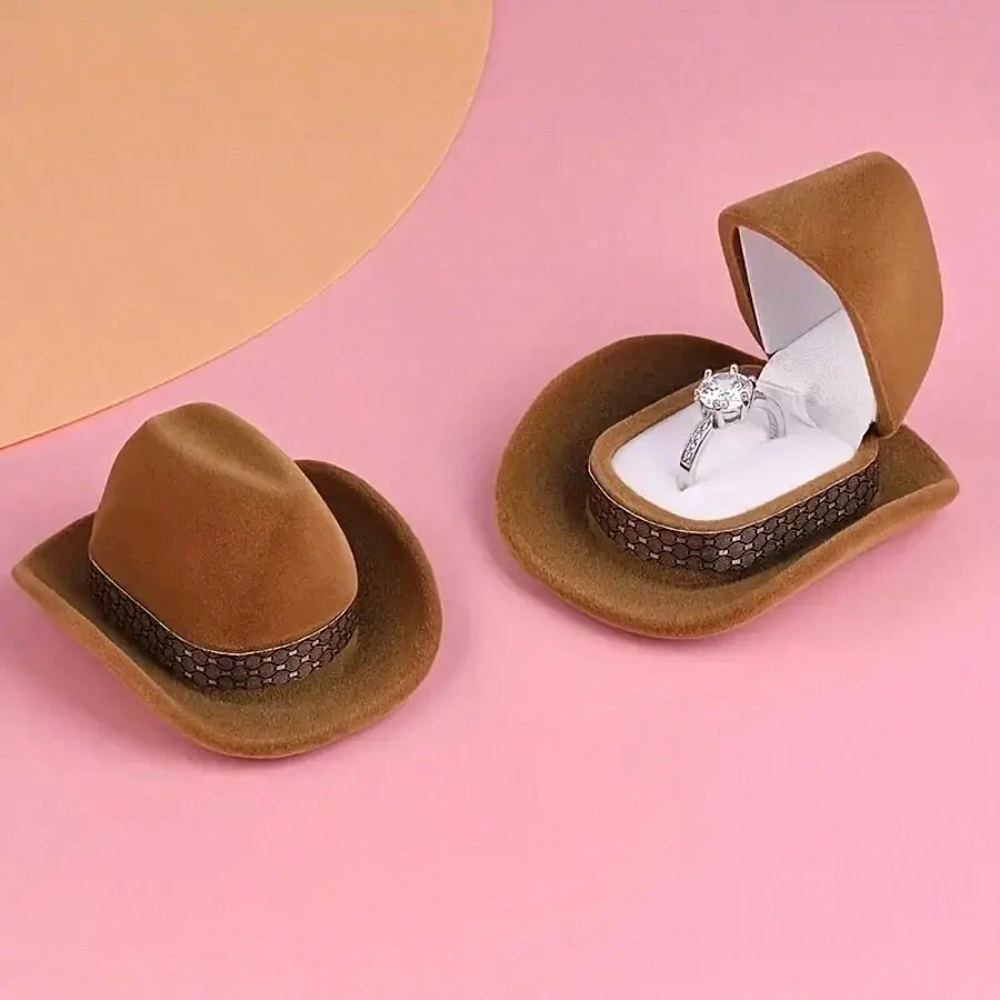 1 Pieza Caja De Anillo Con Forma De Sombrero De Vaquero Creativo, Caja De Almacenamiento Y Exhibición De Joyas Para Anillo De Bodas - Marrón - Ver 1