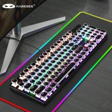 MageGee 黑色打字機機械遊戲鍵盤，104 鍵有線復古朋克圓形鍵帽，帶 RGB 彩虹背光 USB 有線鍵盤，適用於遊戲和辦公，適用於 Windows 筆記型電腦 - 藍色開關 - 黑色 - 查看 2