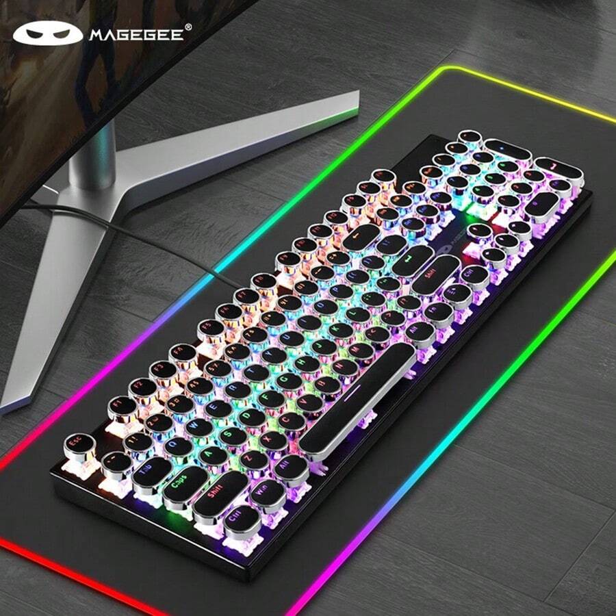 MageGee 黑色打字機機械遊戲鍵盤，104 鍵有線復古朋克圓形鍵帽，帶 RGB 彩虹背光 USB 有線鍵盤，適用於遊戲和辦公，適用於 Windows 筆記型電腦 - 藍色開關