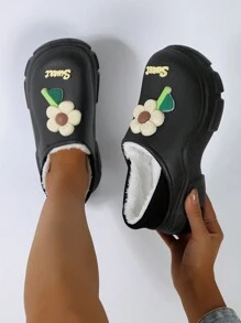 Cute Flower Design Plush Slippers For Women, Autumn/winter 2023 New Arrival, Non-slip Indoor House Shoes - Black - View 6