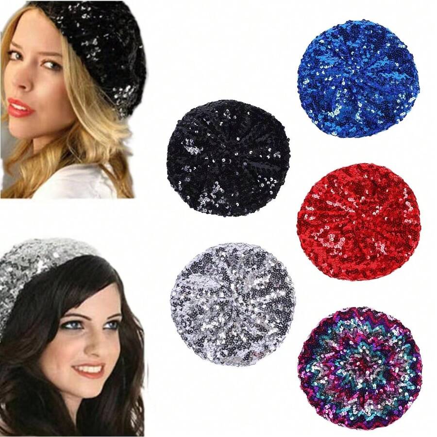 1 Miếng Đỏ  Long lanh Mũ beret , Sáng bóng Kim sa Sàn nhảy Buổi tiệc Mũ Đối với Người lớn , Thích hợp Đối với Giáng sinh Qủa tặng Và Hằng ngày Thời trang Mặc - Đỏ - Xem 1