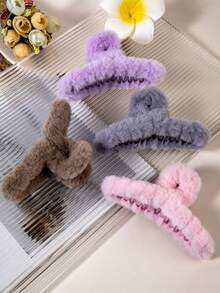4 件各式各样的毛绒发夹，优雅休闲日常女士发夹 - 彩色 - 查看 2