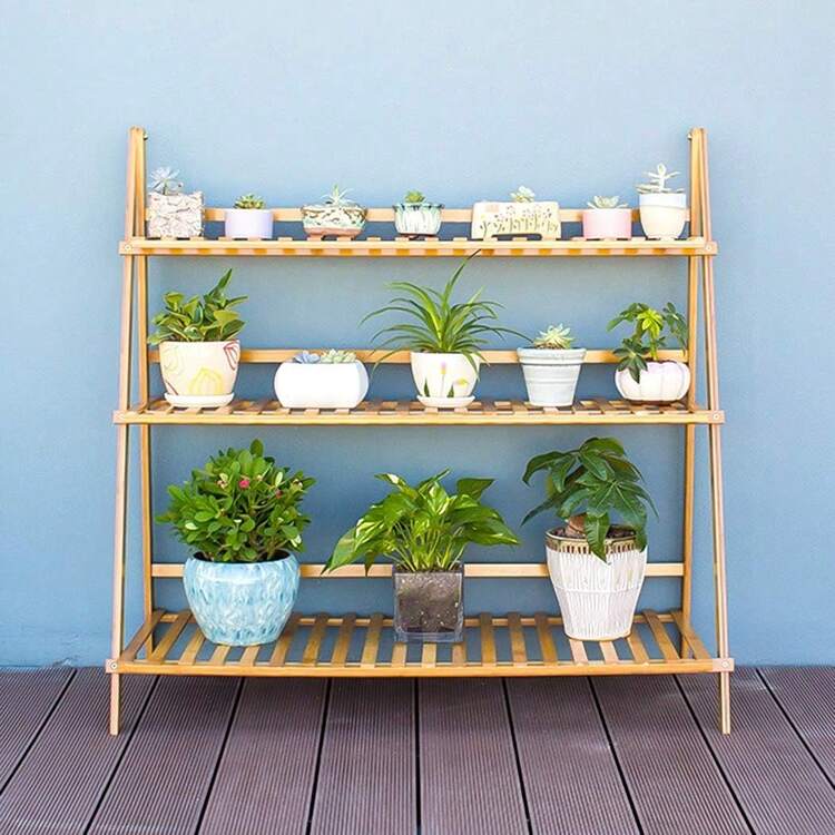 3 Tier Bamboo Plant Stand Outdoor Indoor Flower Stand Folding Plant Display Stand Ladder Shelf Corner Planter 100CM - Apricot - View 2