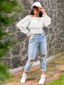 Blusa crop de hombros descubiertos de manga poeta ribete fruncido bajo con fruncido - Blanco - Ver 3