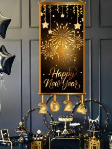 1pc New 40*100cm Black Gold New Year Hanging Flags, Perfect Decoration Family New Year's Eve Party Room Wall Background, New Year Indoor And Outdoor Door Curtain Decoration - Black Gold - View 4