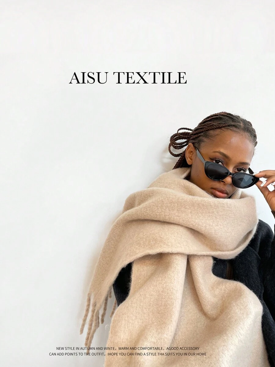 1件装女士加厚加长纯色围巾、披肩、毯子，适合日常佩戴，户外防风保暖 - 卡其色 - 查看 1