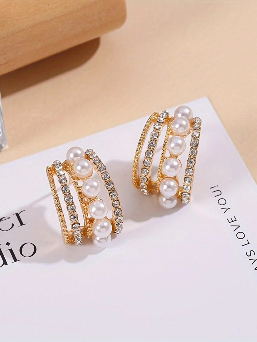 1pair New C-shaped Pearl Vintage & Elegant Ins Style Multi-layer Rhinestone Inlaid Stud Earrings - Yellow Gold - View 1