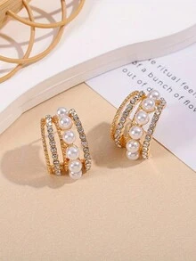 1pair New C-shaped Pearl Vintage & Elegant Ins Style Multi-layer Rhinestone Inlaid Stud Earrings - Yellow Gold - View 3