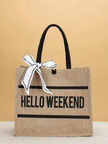 Lettered Linen Fashion Tote Bag - Khaki - View 2