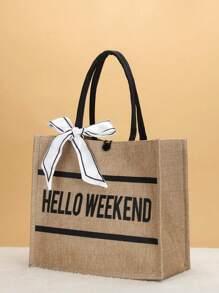 Lettered Linen Fashion Tote Bag - Khaki - View 1