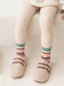 1 peça leggings térmicas com estampa de coração listrado bicolor para meninas, outono e inverno, confortáveis, macias e modernas, adequadas para uso diário ou presentes de feriado