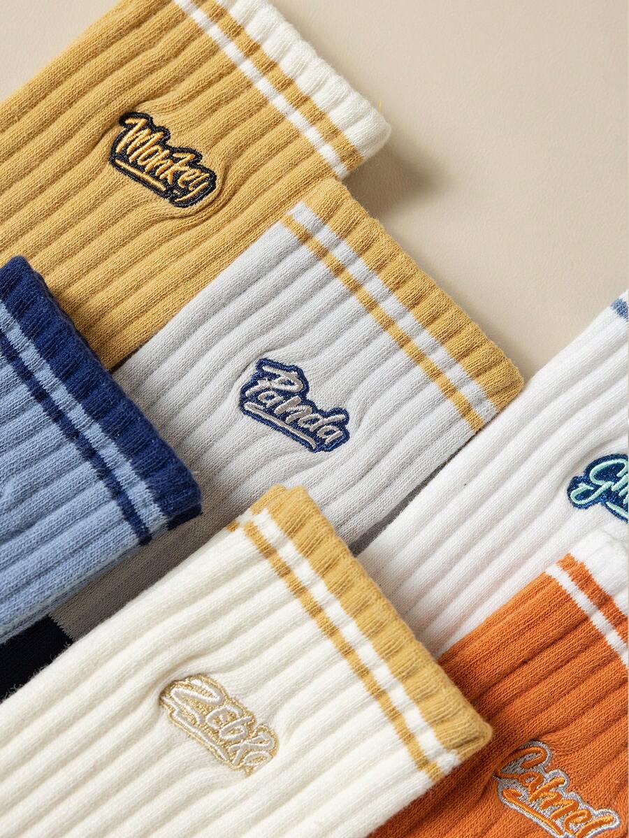 6pairs/set Unisex Couple's Sport Mid-calf Socks With Alphabet Embroidery And Color Block Design - Multicolor - View 1