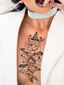 1pc Classic Peony Flower Pattern Black Sketch Temporary Tattoo Sticker For Wrist, Arm, Leg, Clavicle, Shoulder, Back - Black - View 3