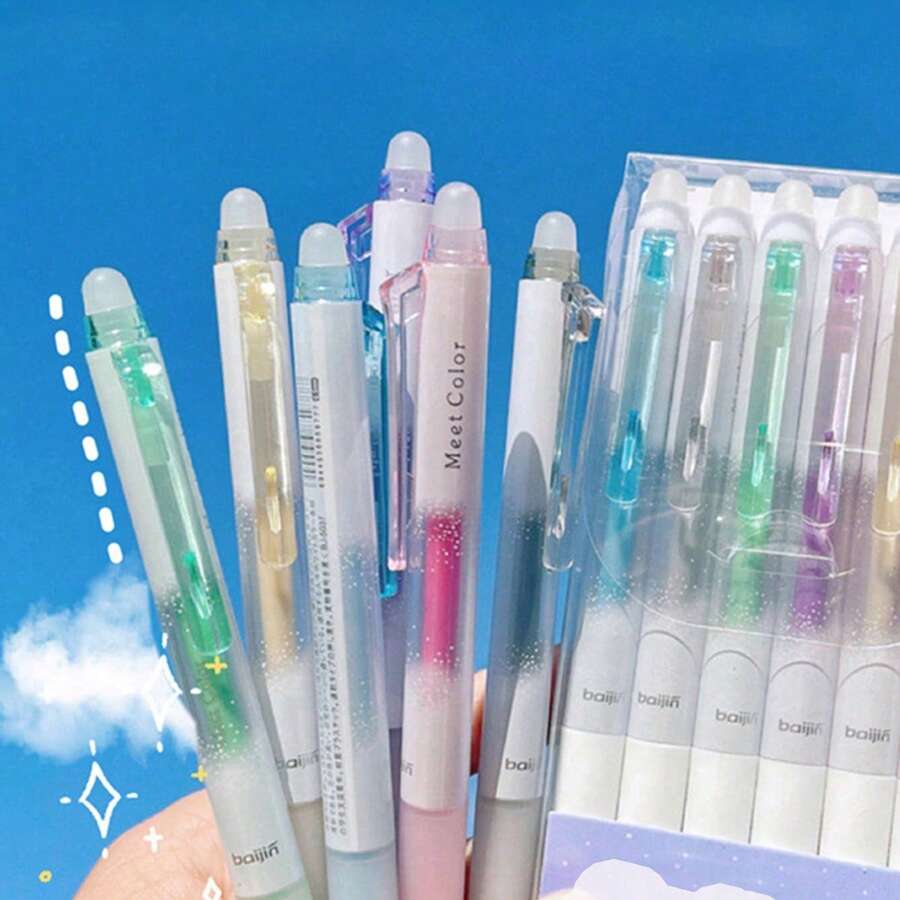 6pcs/set Galaxy Erasable Press Type Fluorescent & Glitter Gel Pens For Student Drawing, Artistic Drawing, Comic Design, Sketching, Line Tracing, And Paperwork Making - Multicolor - View 1