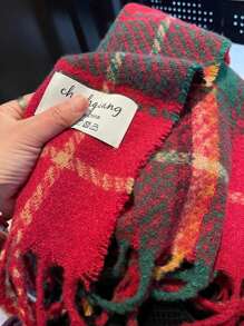 1pc Christmas & New Year Women's Classic Red & Green Plaid Tassel Cape, Double-sided Warm Scarf For Students - Red - View 6