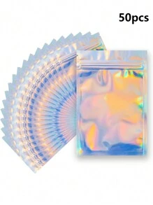 50 piezas Bolsa de regalo con diseño láser reflectante, bolsas reutilizables de varios tamaños con diseño de arcoíris láser, adecuadas para bolsas de dulces para pequeños negocios y bolsas con cierre automático para exhibir muestras, bolsas de regalo navideñas