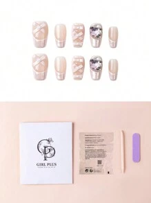 GIRL PLUS Girlplus 10 款手工制作的中号棺材形状假指甲，粉色蝴蝶结法式按压指甲设计，时尚指甲套装适合女士和女孩日常佩戴按压指甲美甲用品指甲