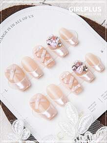 GIRL PLUS Girlplus 10 款手工制作的中号棺材形状假指甲，粉色蝴蝶结法式按压指甲设计，时尚指甲套装适合女士和女孩日常佩戴按压指甲美甲用品指甲