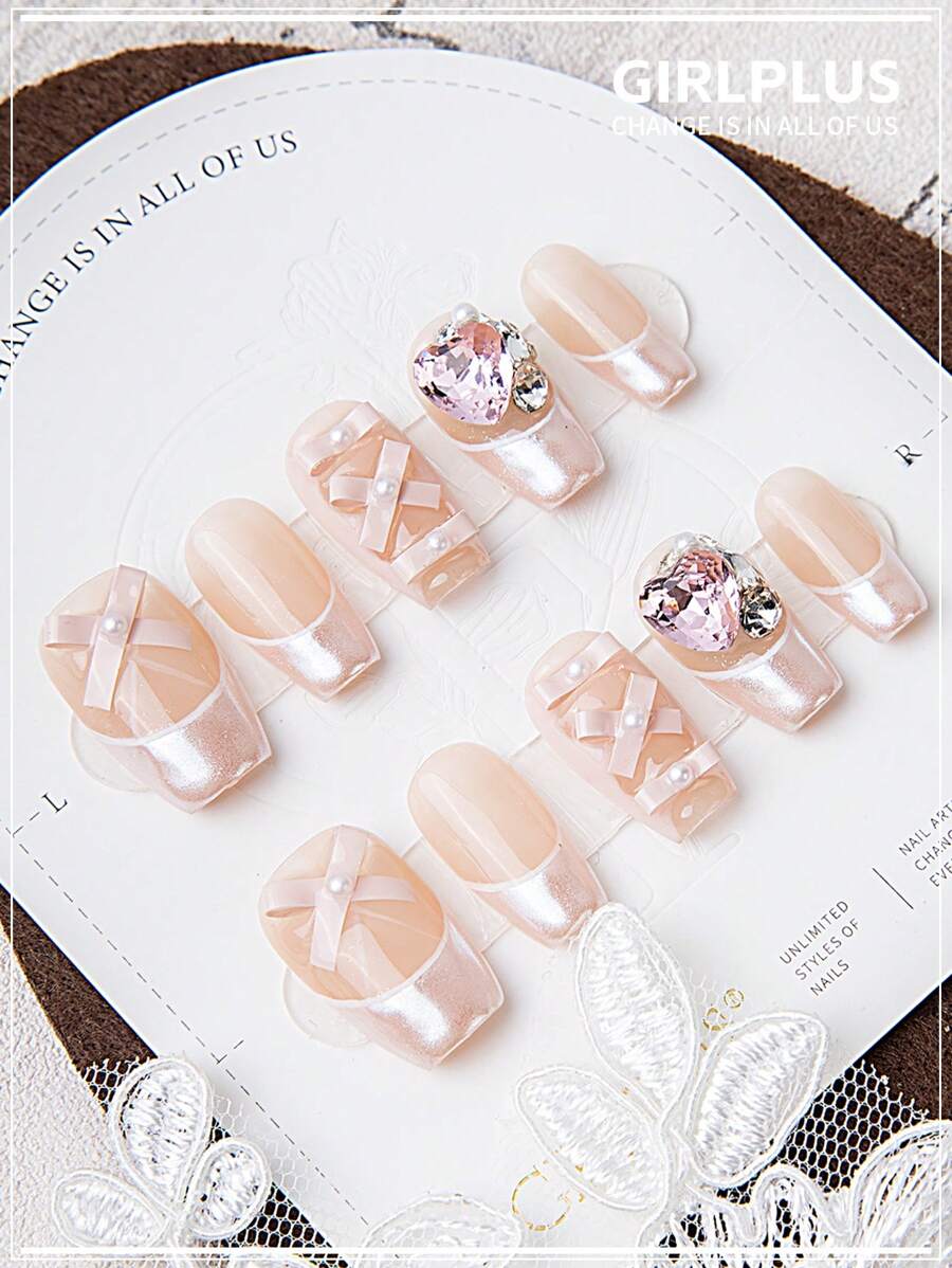 GIRL PLUS Girlplus 10 款手工制作的中号棺材形状假指甲，粉色蝴蝶结法式按压指甲设计，时尚指甲套装适合女士和女孩日常佩戴按压指甲美甲用品指甲