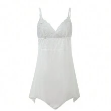 大碼蕾絲背心睡衣連身裙 - 白色 - 查看 2