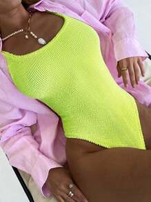 2023 欧美风格特殊面料褶皱波浪条纹糖果色连体泳衣带霓虹亮点，紧身夏季 - 黃色 - 查看 1