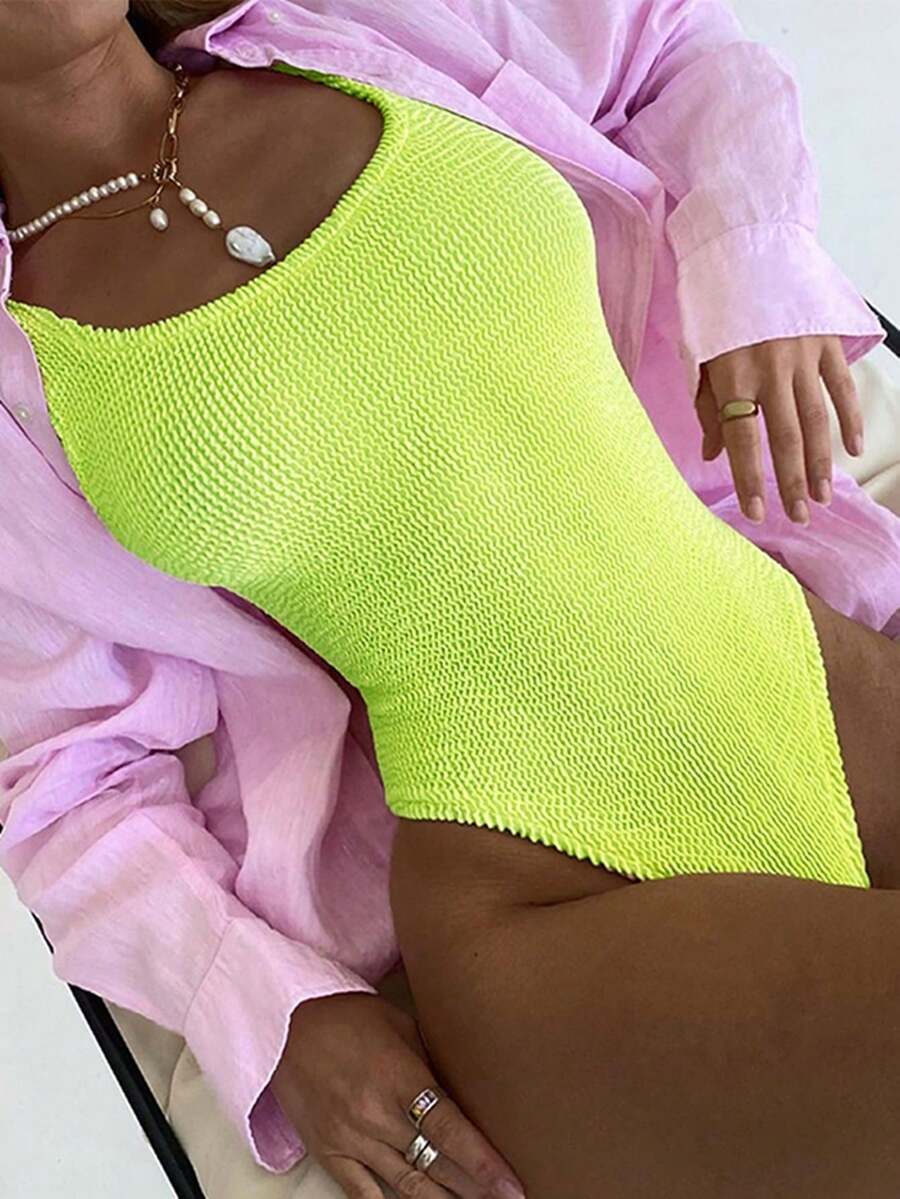 2023 欧美风格特殊面料褶皱波浪条纹糖果色连体泳衣带霓虹亮点，紧身夏季 - 黃色 - 查看 1