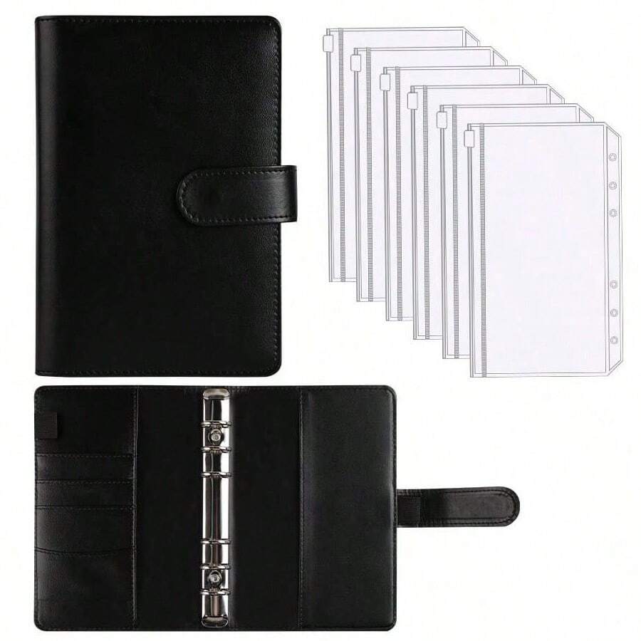 1 套 / 2 套 / 5 套 A6 马卡龙网格大理石活页夹，带 6 个拉链袋，返校，学校用品 - 黑色 - 查看 1