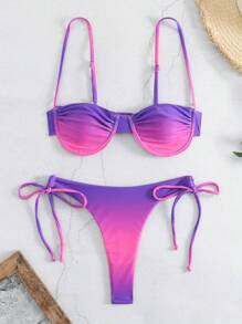 Fashionable Sexy Ruched Tie Dye Printed Bikini Set, Summer - Purple - View 1