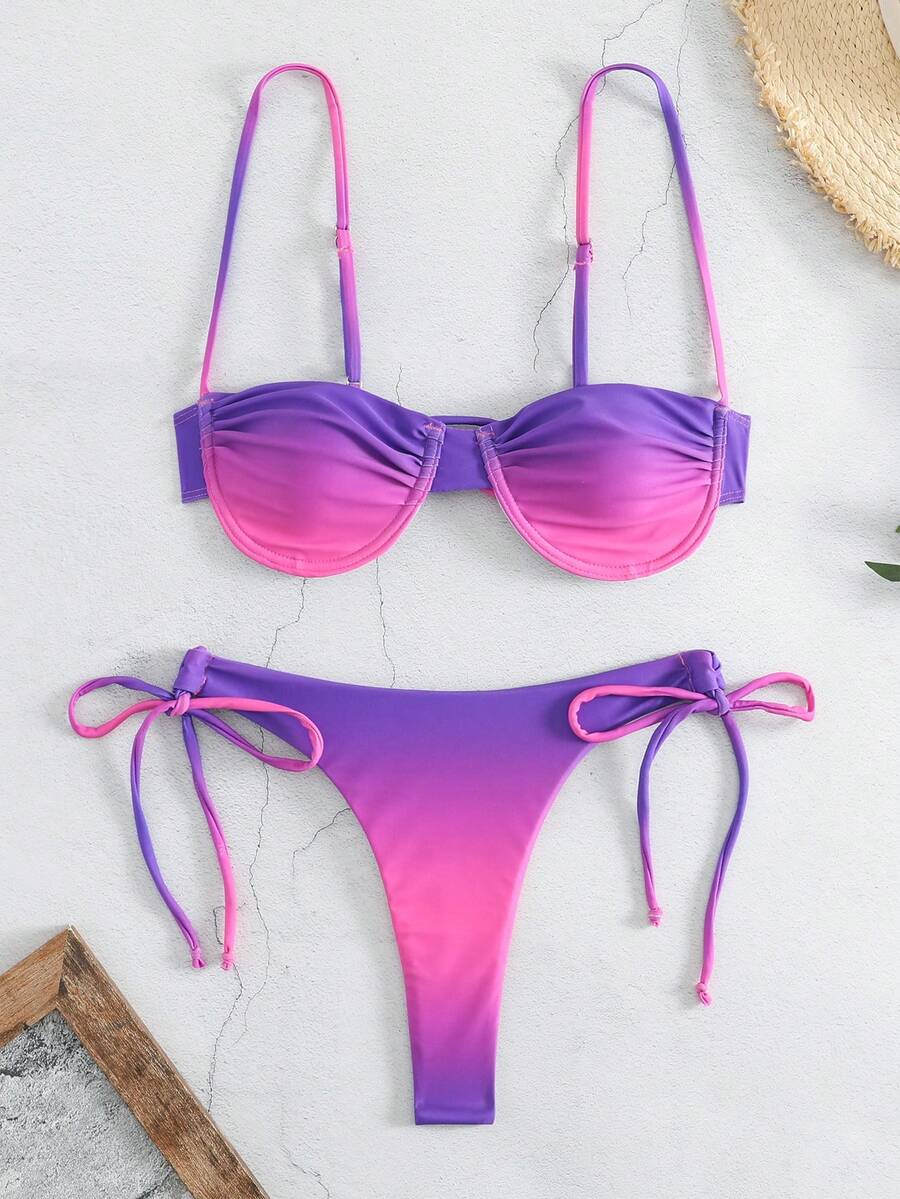 Fashionable Sexy Ruched Tie Dye Printed Bikini Set, Summer - Purple - View 1