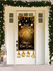 1pc New 40*100cm Black Gold New Year Hanging Flags, Perfect Decoration Family New Year's Eve Party Room Wall Background, New Year Indoor And Outdoor Door Curtain Decoration - Black Gold - View 1