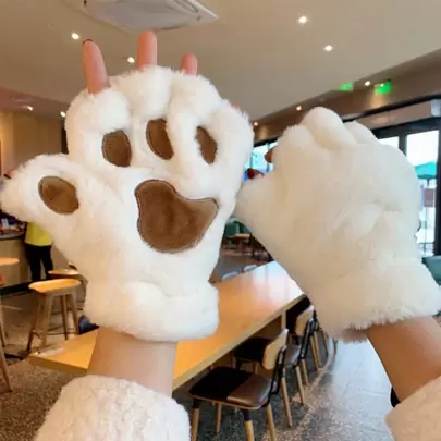 Winter Cute Cartoon Cat Girl Fingerless Cat Paw Warm Gloves Thickened Plush Bear Paw Half Finger Gloves 1 Pair