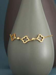 1Pc Exquisite Minimalist 925 Sterling Silver Hollow Four Leaf Clover Bracelet Chain 18K Gold Plated For Daily Wear,Suitable For Mother's Day, Fine Jewelry Gift